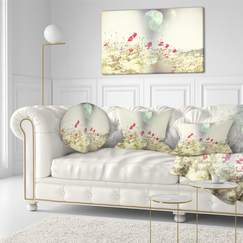 Champ de coquelicots rouges et blancs - Coussin imprimé floral, 18 po x 18 po, Coussin décoratif