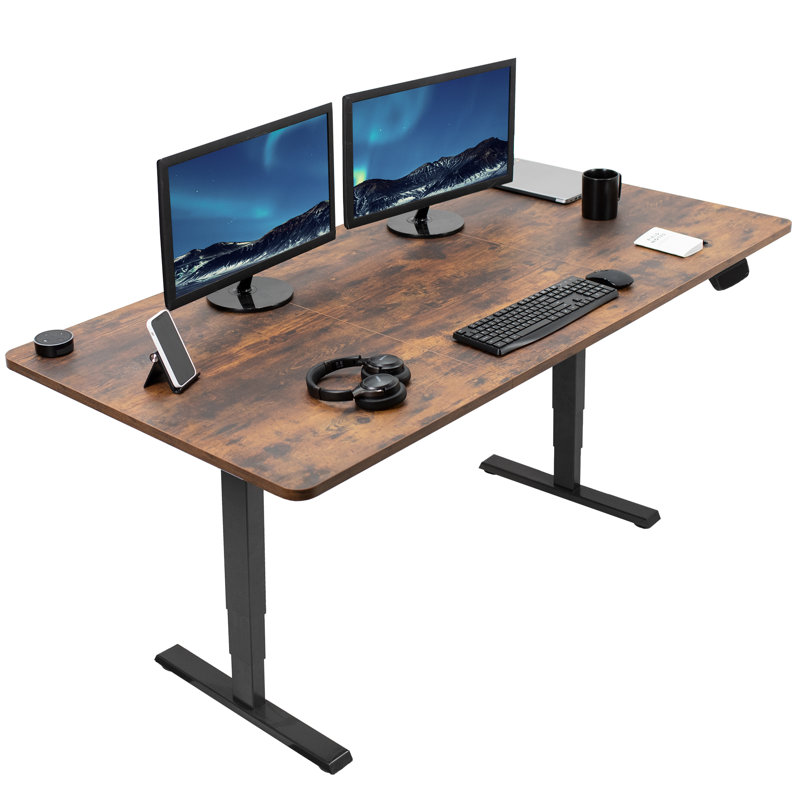 Vintage Brown Adjustable Height Electric Standing Desk with Black Frame