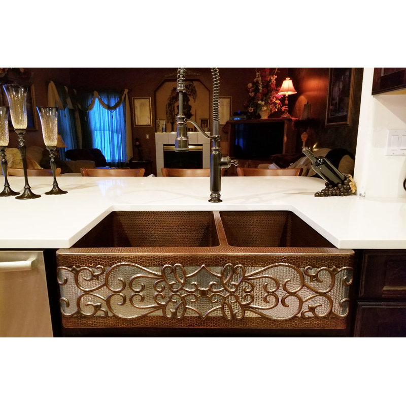 33" Hammered Copper Kitchen Apron 60/40 Double Basin Sink w/ Scroll Design and Apron Front Nickel Background w/ Matching Drains and Accessories