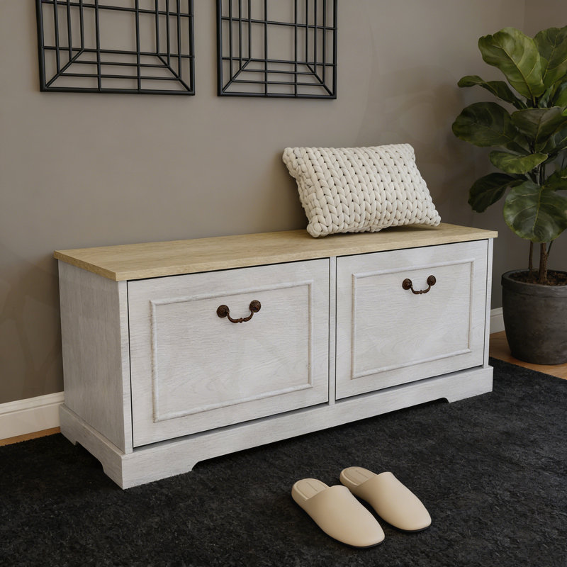 Tresa Bench With Flip Drawers And Adjustable Shelf For Entryway, Hallway, Or Bedroom Organization.