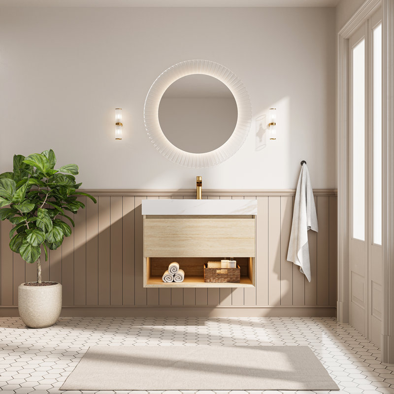 Meuble-lavabo flottant de 30 po avec lavabo, armoire de rangement en contreplaqué, tiroir et tablette avec capteur de lumière, lavabo encastré en céramique et plateau en pierre frittée dorée calacatta, pré-assemblé, finition texturée en travertin
