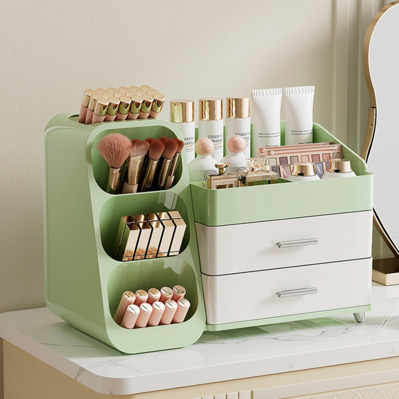 Organisateur de maquillage avec tiroirs pour coiffeuse, vitrine cosmétique spacieuse, solution de rangement parfaite pour votre beauté essentielle (vert et crème)