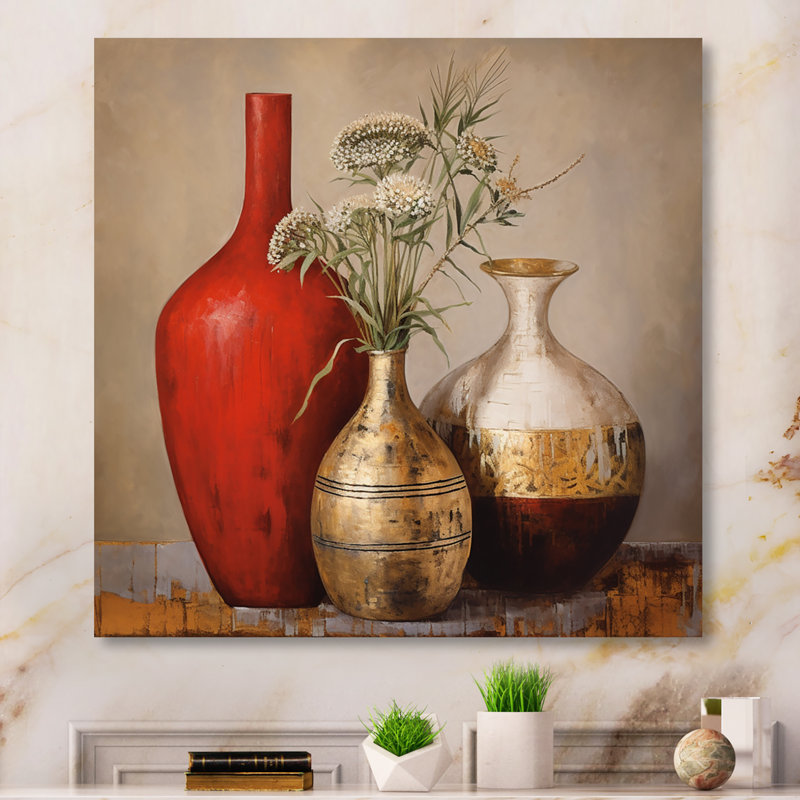 Cottage Vases rouges séchées, fleurs de blé I sur toile, Toile tendue, H 36 po x l 36 po
