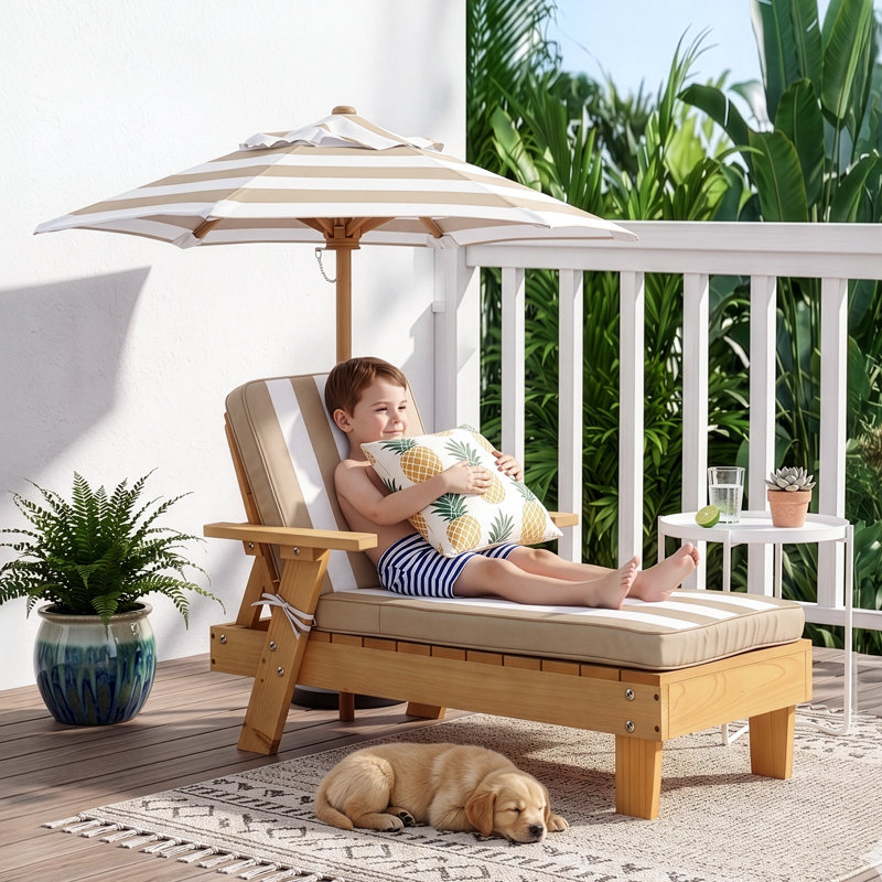 Chaise longue pour enfants en bois avec parasol et coussin rayé brun et blanc pour enfants, Brown