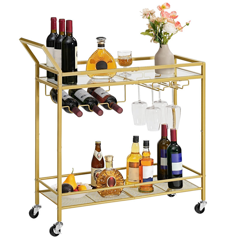 2-Tier Bar Cart Serving Cart Kitchen Cart with Wine Rack and Glass Holder