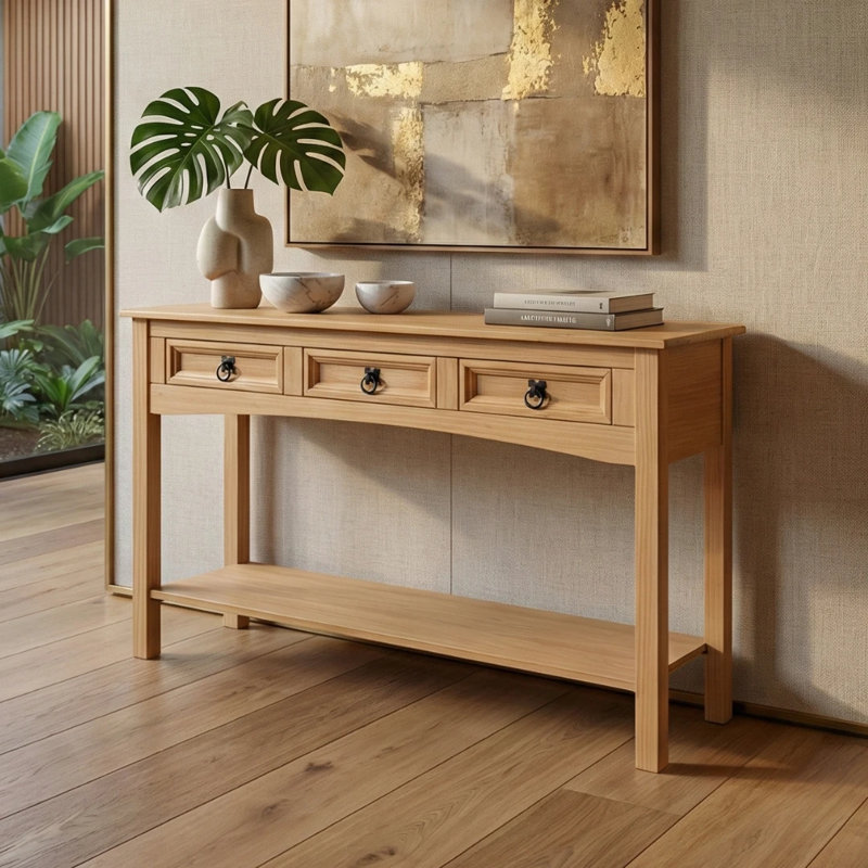 Console Table with 3 Drawer Solid Wood