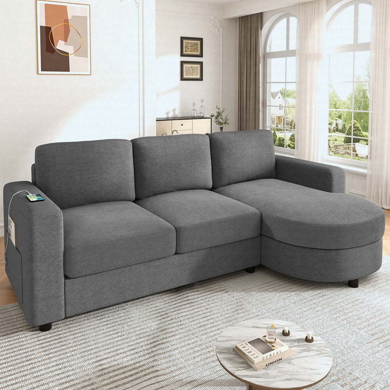 Canapé modulaire en L 84,6 po avec méridienne incurvée, ports USB et poches de rangement latérales, Gris