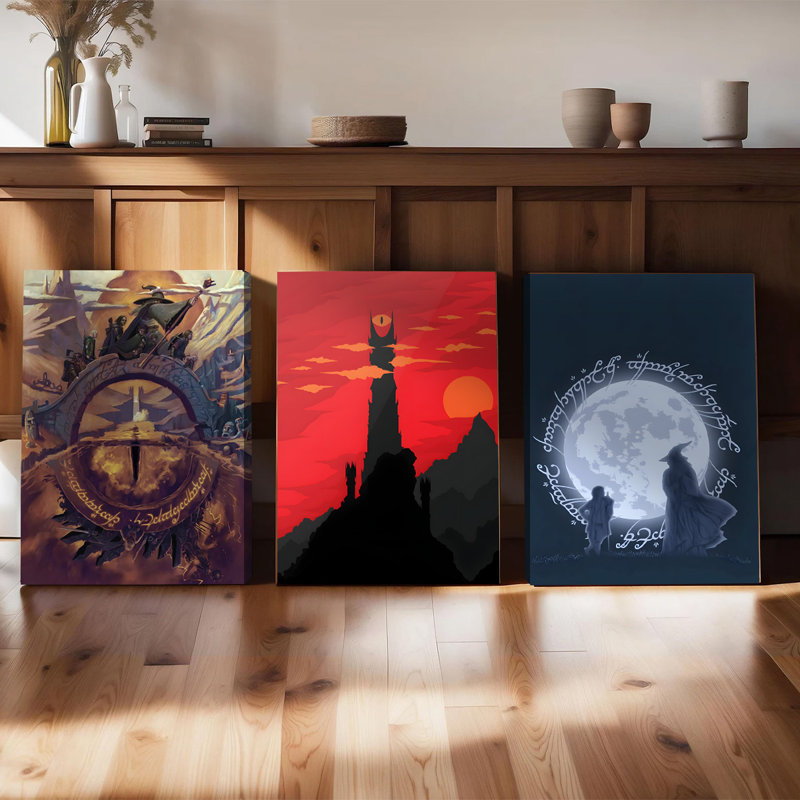 3PCS Wall Arts Posters Framed, The Lord of the Rings Trilogy Canvas Wall Art Set - Iconic Scenes from Middle Earth Including Fellowship Bridge, Barad-dur Tower and Gandalf with Moonlight - Perfect for Fantasy Fans and Home Decor