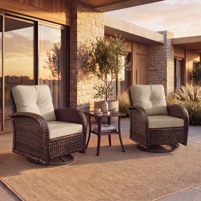 Ensemble de 3 fauteuils à bascule pivotants en résine tressée avec table d'appoint et coussin beige, ensemble de conversation moderne pour véranda, terrasse, balcon et jardin