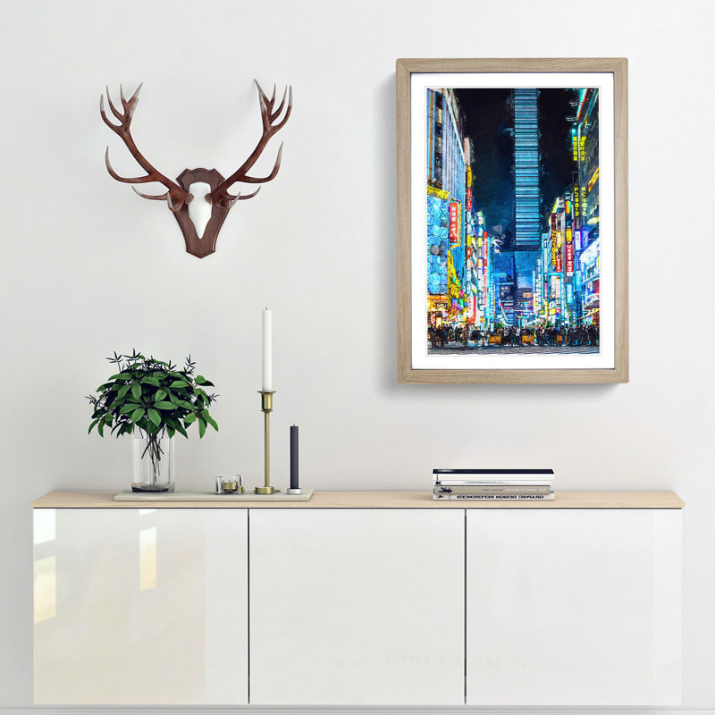 Bright Lights of Tokyo in Abstract - Picture Frame Graphic Art Print, Oak Framed, 36cm H x 27cm W x 2cm D