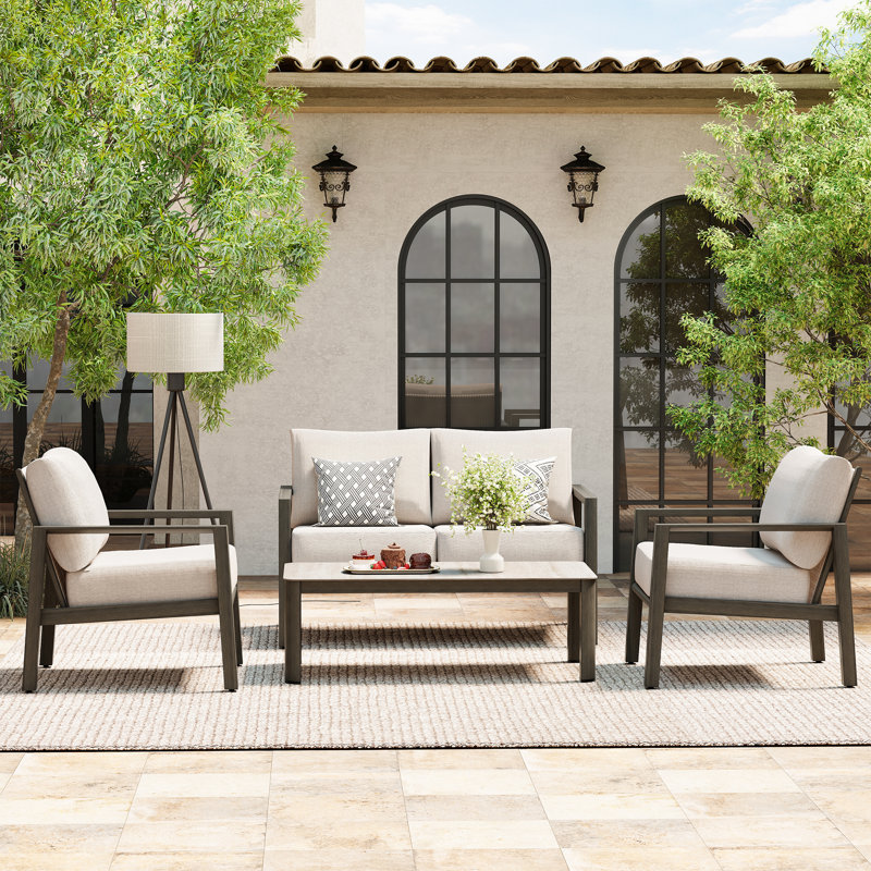 Avanna 4-Piece Brown Aluminum Patio Conversation Set With Light Grey Cushions And Coffee Table