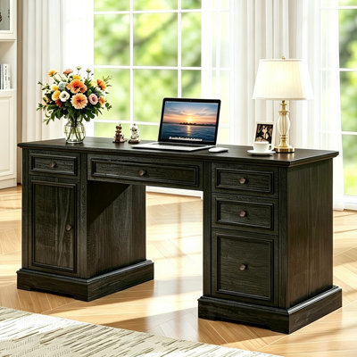60" Farmhouse Executive Desk, Modern Computer Desk with Wood Drawers, File Cabinet & Adjustable Shelf for Home Office