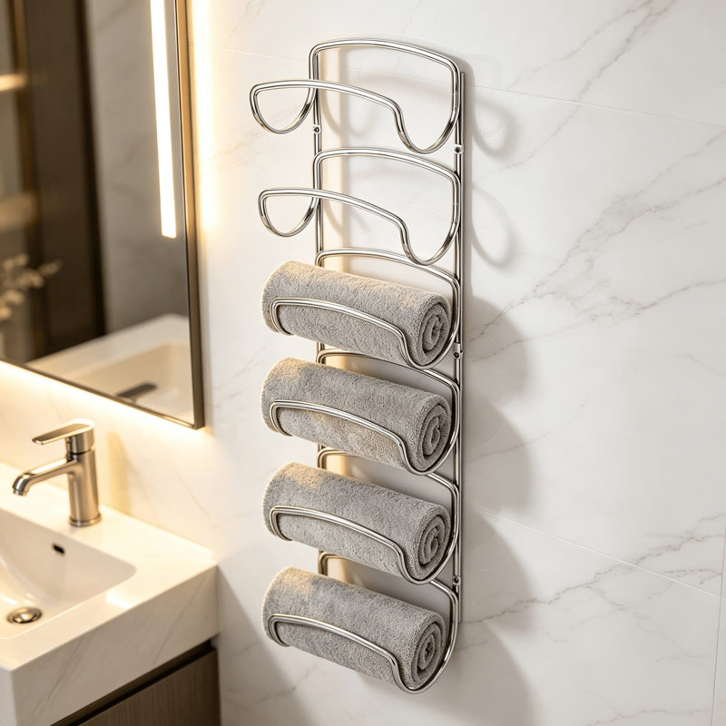 Porte-serviettes mural en métal à 6 niveaux, range-serviettes en acier argenté à 6 niveaux, porte-serviettes mural pour salle de bain, peut accueillir de grandes et petites serviettes roulées, accessoires de salle de bain polyvalents