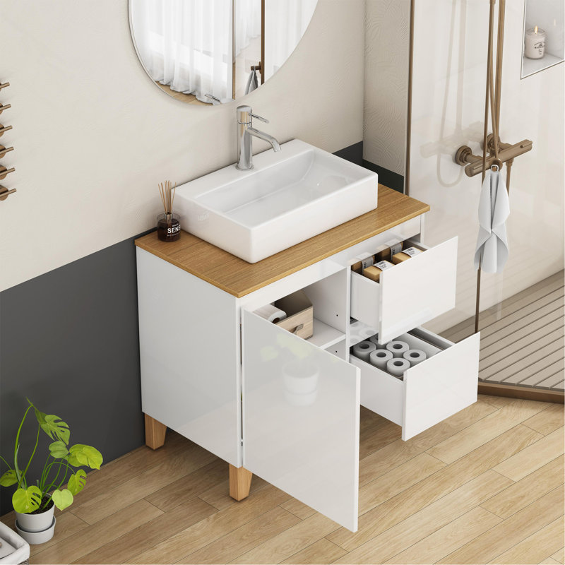 Ensemble de lavabo 31,5 pouces, 1 porte et 2 grands tiroirs, système à clous doux, conception sans poignée, plateau et pieds en bois massif naturel, lavabo carré en céramique sur le comptoir, blanc brillant