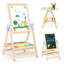 Chevalet en bois pour enfants avec planche à dessin à double face, tableau blanc 3 en 1 et tableau noir effaçable à sec, chevalet rotatif à 360 ° pour tout-petits