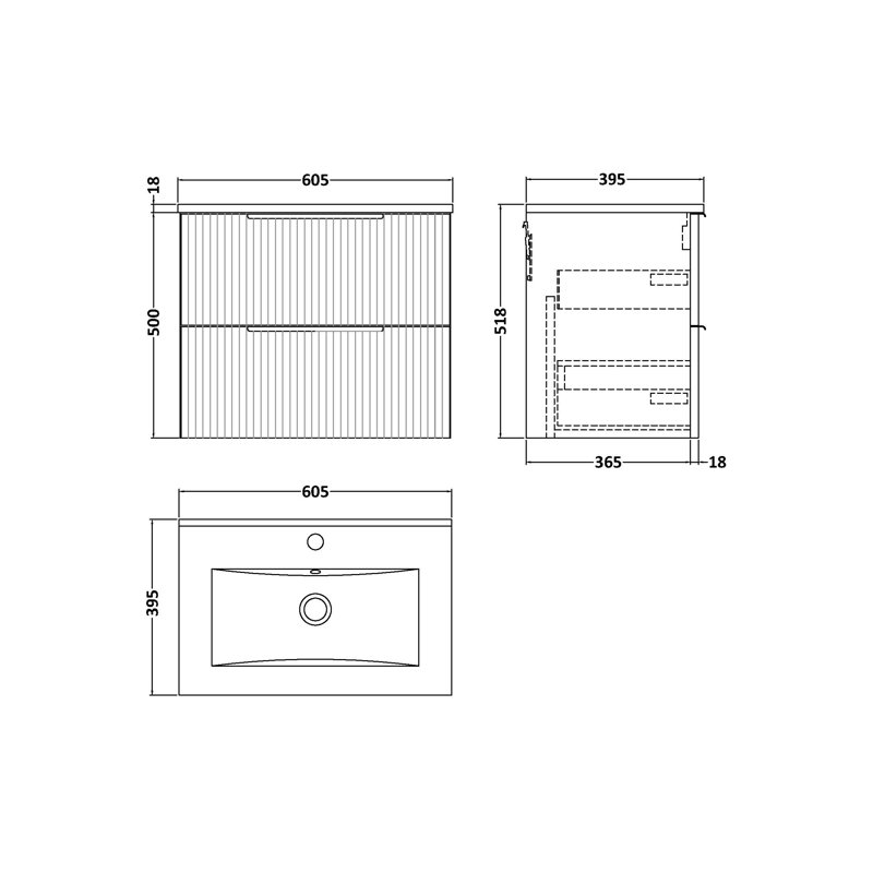 Fluted 600mm Single Bathroom Vanity with Drop In Vitreous China Basin, Satin White