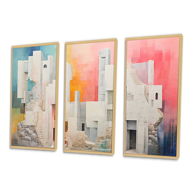 Ensemble de décorations murales Bold Pink Pastel Castle I - Châteaux, Cadre naturel flottant, H 32 po x l 48 po x P 1 po