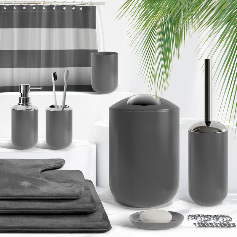 Complete 23 Piece Bathroom Accessory Set with Bath Rugs, Shower Curtain Set, Liner, and Hooks, Gray