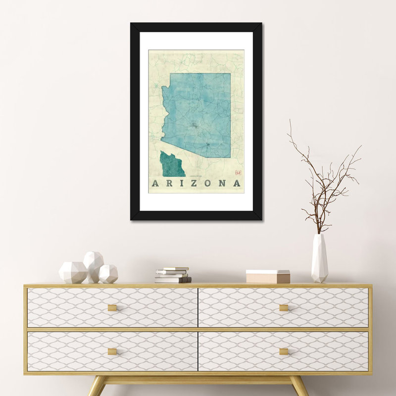 « arizona map », impression sur toile, H 32 po x l 24 po x P 1 po, Papier d'art encadré noir, Blanc