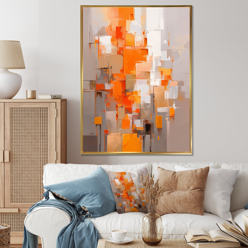 Belkys orange brun brisé les réalités - cubisme, art mural, H 32 po x l 16 po x P 1 po, Cadre flottant doré
