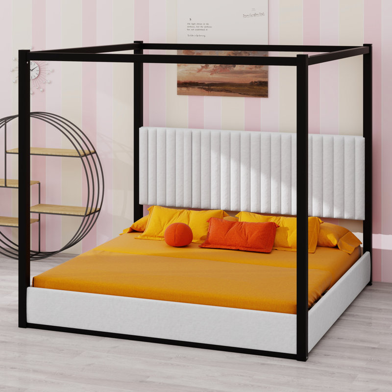 Modern Canopy Bed Featuring Upholstered Headboard and Platform Design, Black White