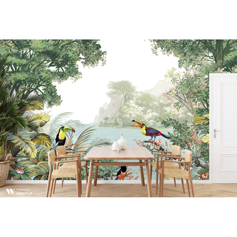 Papier peint vibrant paysage tropical toucan, L 117,96 po x l 175 po