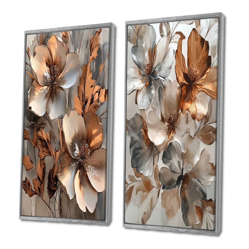 Cuivre métallique et chrome fleurs abstraites I - Collection de 2 toiles abstraites sur toile, H 28 po x l 25 po