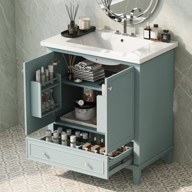 Ensemble de meuble-lavabo 30 po avec lavabo, armoire de rangement multifonctionnelle avec tiroir et portes d'armoire, structure solide et panneau de fibres à densité moyenne