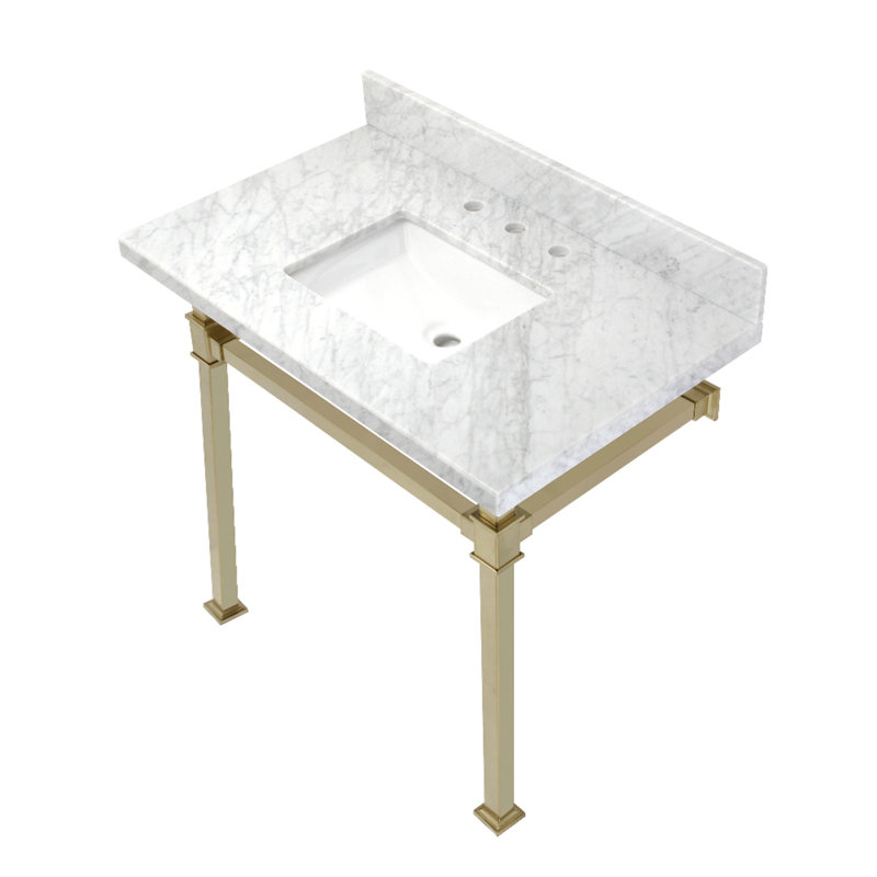 Lavabo console en marbre Carrara de 36 pouces avec pieds en acier inoxydable Kingston Monarch Kingston (8 pouces, 3 trous)