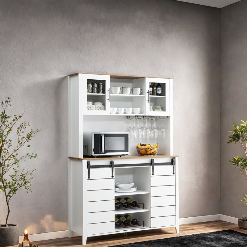 Coffee Bar Cabinet With Sliding Barn Doors, White