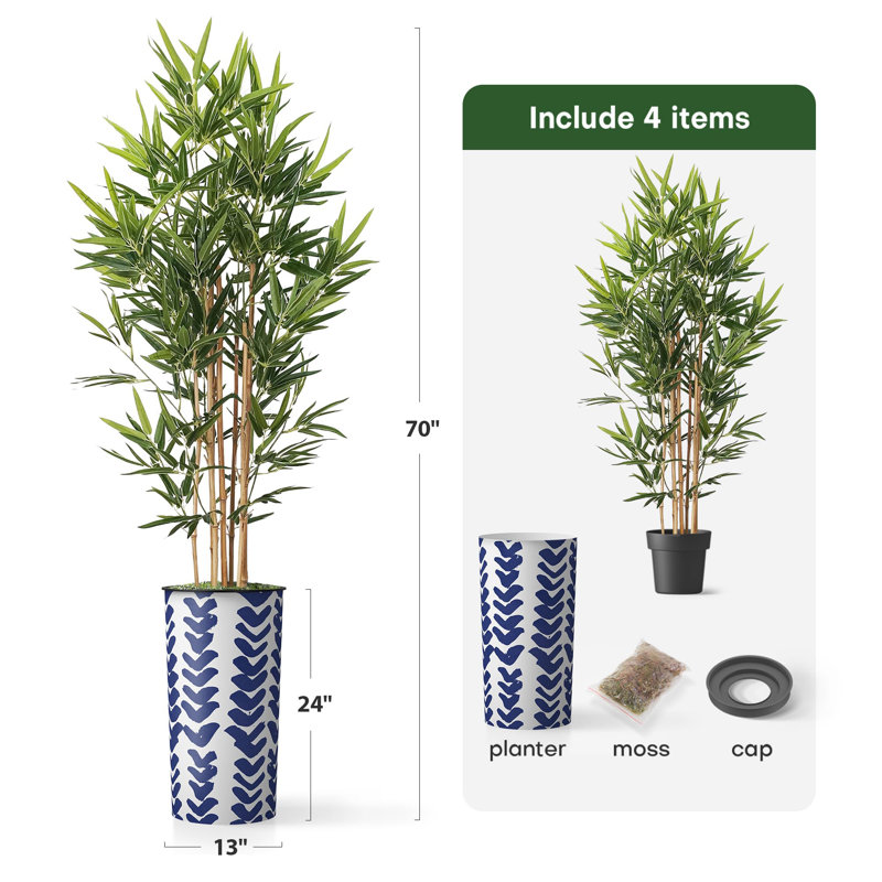 Artificial Tree in Geometric Pattern Planter Fake Bamboo Silk Tree (Plant Pot Plus Tree), Tick Blue