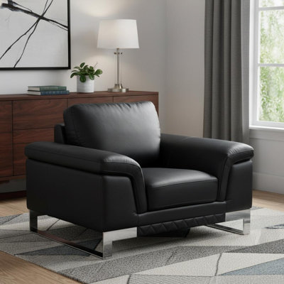  Fauteuil noir en cuir véritable avec accents argentés et rembourrage moelleux