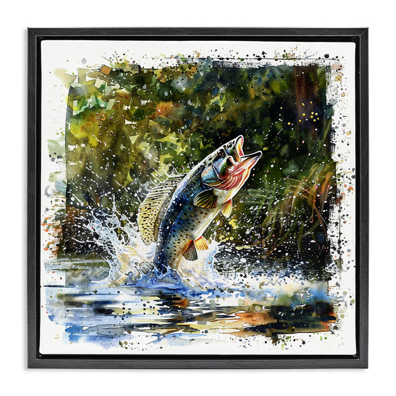  "Splashing Lake Bass", art mural encadré par LSR Design Studio, H 18 po x l 18 po, Cadre flottant noir de jais