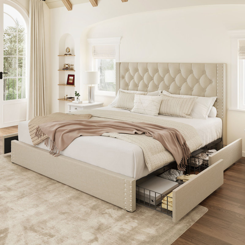 Lit plateforme tapissier avec tiroirs de rangement, Beige, Très grand lit