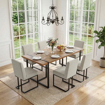 7-Piece Modern Rectangular Dining Table Set For 6 With Upholstered Dining Chairs