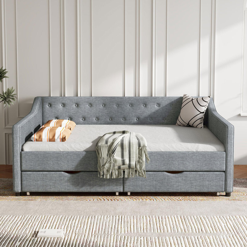 Daybed with Drawers Upholstered Tufted Sofa Bed, with Button on Back and Piping on Waved Shape Arms, Light Gray, Full/Double