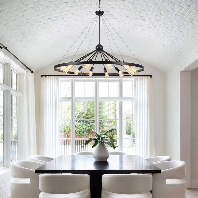 Kelcie 12- Light Large 43.3'' Dimmable Sputnik Wagon Wheel Chandelier, Matte Black, 31.49"H x 43.3"W x 43.3"D