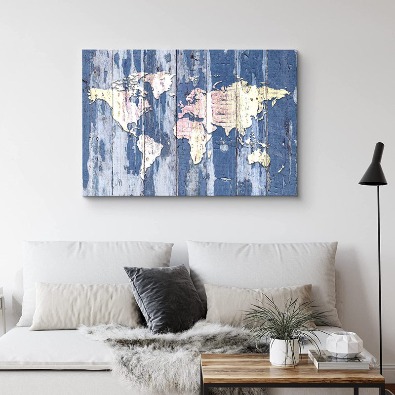 Carte du monde sur des panneaux de bois bleu délavé - impression sur toile tendue, H 24 po x l 36 po x P 1,5 po