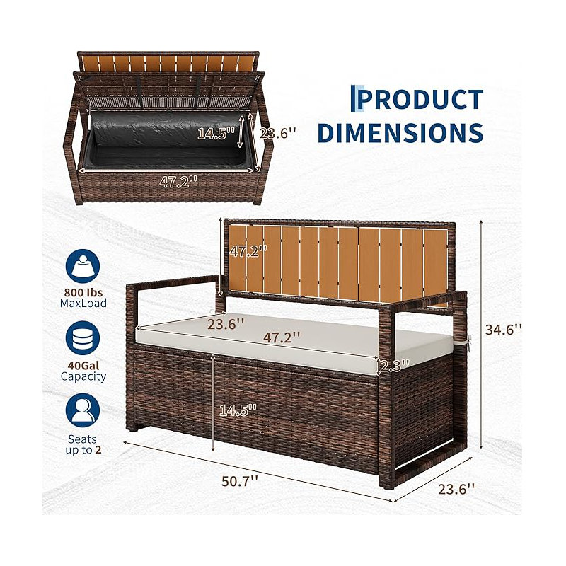 Outdoor Storage Bench with Cushion, PE Rattan Patio Bench with Backrest, Armrests and Metal Frame, Waterproof Deck Box Seat for Porch, Backyard & Poolside(Dark Brown&White)