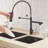 Pull Down Kitchen Faucet, Single Lever, Matte Black Surface, For Contemporary Kitchens Dual Settings, Black+Silver, 360-Degree Swivel