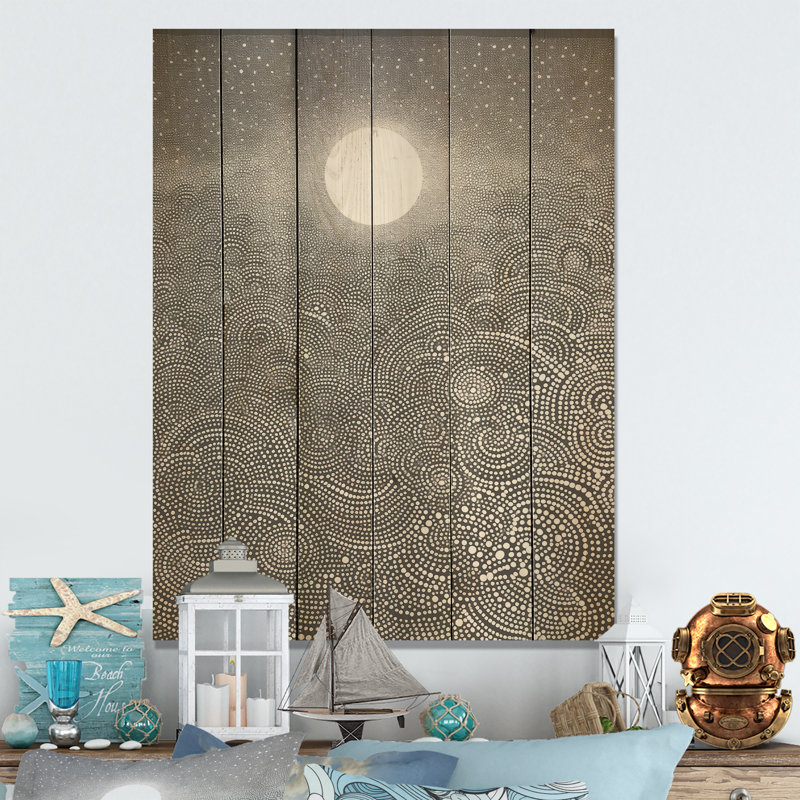 Gris abstrait pleine lune paysage - corail sous l'eau sous l'eau, art mural sur bois de pin naturel, H 40 po x l 30 po