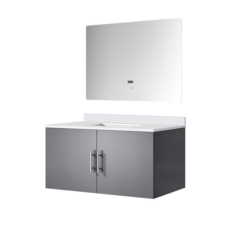 36 po Miroir à DEL et meuble-lavabo gris foncé avec comptoir en quartz