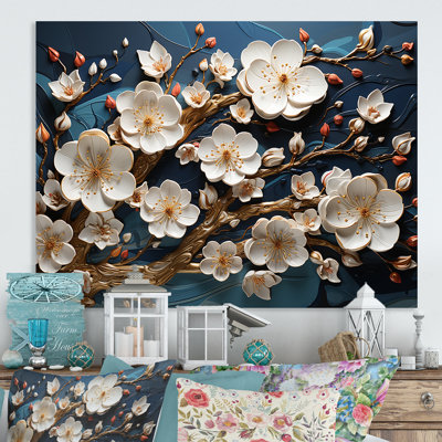 Orchidée dorée blanche et bleue, jardin de branches II - art mural floral abstrait en métal