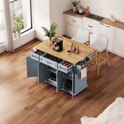 54-Inch Rubberwood Folding Side, Embossed Texture Kitchen Cart With Wheels, 4 Doors, 3 Drawers With Storage