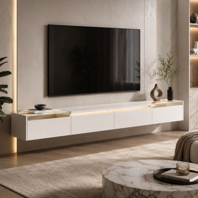 White Floating TV Console – 4-Door Flip Design, Glass Display Panels, Tri-Color LED Strip, Wall-Mounted with Cable Management, Modern Minimalist Style