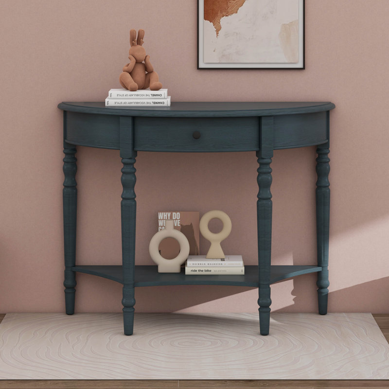 Console en bois massif demi-lune avec tiroir - Table d'appoint avec rangement, Marine