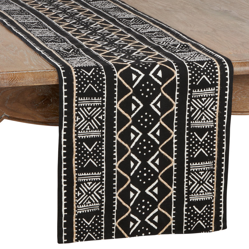Chemin de table en coton Gillispie, L 108 po x l 16 po, Géométrique 2, Noir