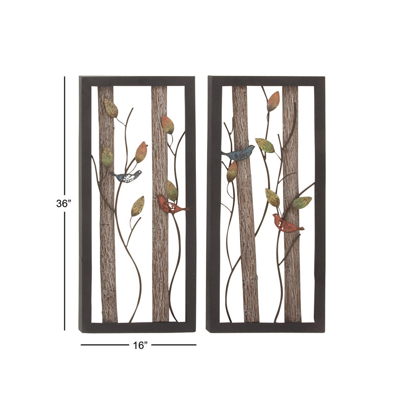 Black Metal Bird Wall Decor with Multicolored Leaves and Wood Detailing, Set of 2