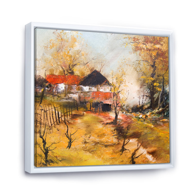 Paysage d'automne avec ferme - décoration murale en toile de ferme, H 16 po x l 16 po x P 1 po, Cadre flottant blanc
