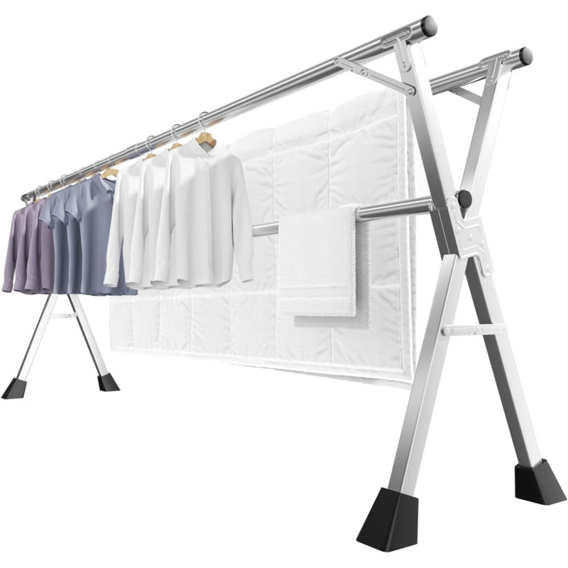 Séchoir à vêtements de 79 pouces, séchoir à linge pliable pour l'intérieur / extérieur, support à vêtements réglable en longueur, peu encombrant, avec 20 crochets coupe-vent